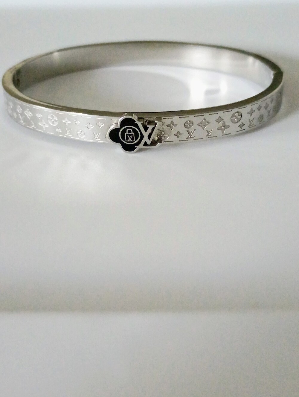 New Silver Tone Monogram Bangle Bracelet with Black Logo Accent